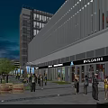 Modern Commercial Street With Modern Buildings Storefronts Pedestrians And Evening Lighting