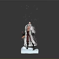 Game And Movie Character With Fur Coat Holding Weapon On Ice Block With Snowflakes