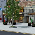 Vibrant Commercial Street with Traditional Chinese Signs Storefronts Awnings Outdoor Seating and Green Plants