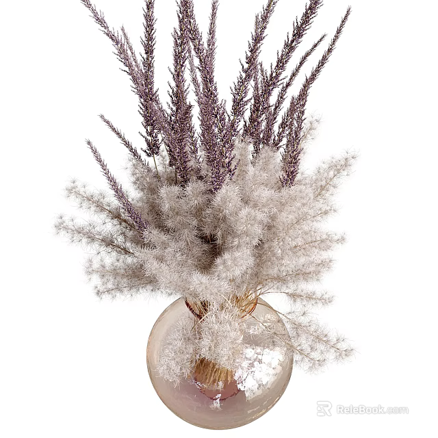 Elegant Transparent Glass Vase With Purple Lavender And White Pampas Dried Flowers 3d model 