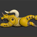 Yellow horned creature with green eyes and golden decorated body lying on dark surface 3d model