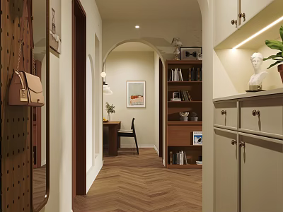 Modern Elevator Hallway Interior Design With Herringbone Wood Floor Decorative Painting Bookshelf And Green Plant 3d model
