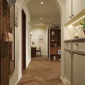 Modern Elevator Hallway Interior Design With Herringbone Wood Floor Decorative Painting Bookshelf And Green Plant