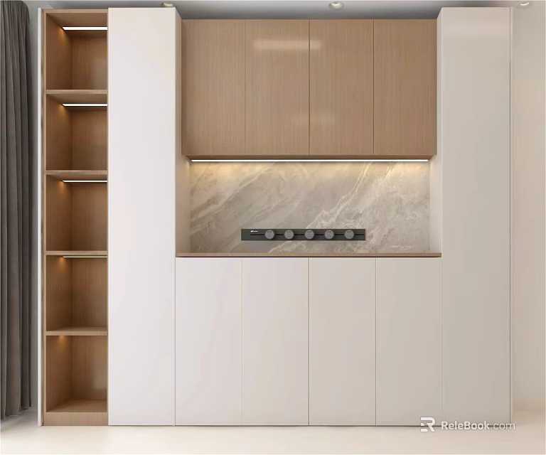 Modern Minimalist Sideboard With Wooden Upper Cabinets Marble Backsplash And Soft Lighting 3d model 