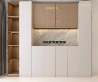 Modern Minimalist Sideboard With Wooden Upper Cabinets Marble Backsplash And Soft Lighting 3d model