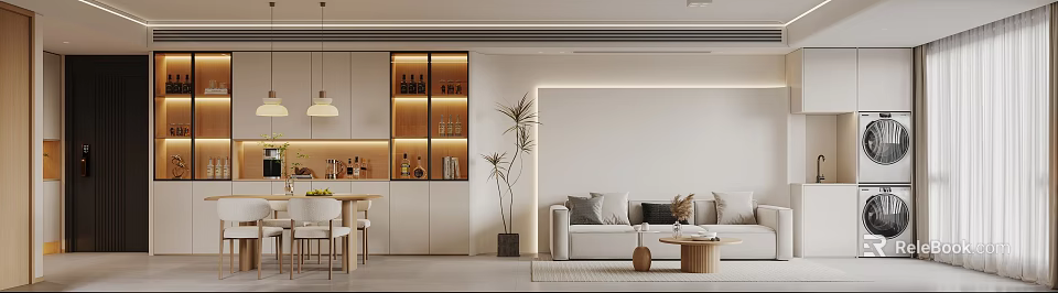 Modern Dining and Living Room Interior With Open Layout Sofa Coffee Table And Plants 3d model