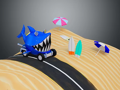Shark Shaped Car Driving On Beach Road With Surfboards And Colorful Umbrellas 3d model