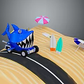Shark Shaped Car Driving On Beach Road With Surfboards And Colorful Umbrellas