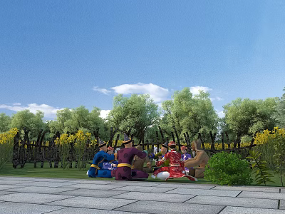 Cartoon Scene With Gathered Characters Blue Sky White Clouds Green Trees Yellow Flowers and Fence 3d model
