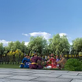 Cartoon Scene With Gathered Characters Blue Sky White Clouds Green Trees Yellow Flowers and Fence