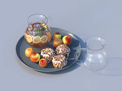 Iced Lemon Water Pitcher With Apples Frosted Muffins And Glass Pitcher On Gray Plate 3d model