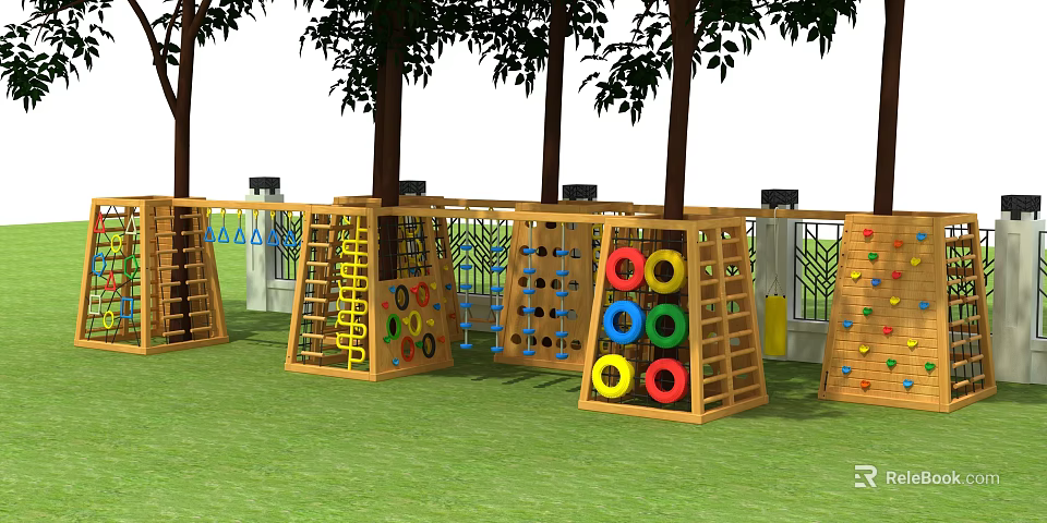 Outdoor Wooden Play Equipment Featuring Climbing Structures Colorful Rings And Tree Background 3d model 