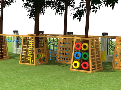 Outdoor Wooden Play Equipment Featuring Climbing Structures Colorful Rings And Tree Background 3d model