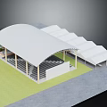 Outdoor Structure With Curved Roof Seating Area Tents And Grass Ground