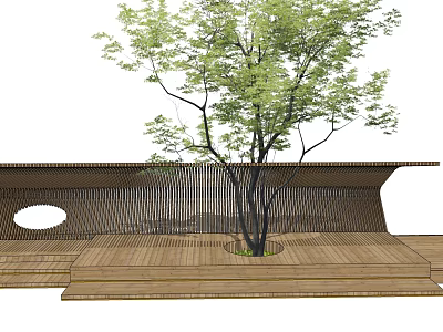 Wooden Pergola Structure With Central Tree And Open Design On Deck Platform 3d model
