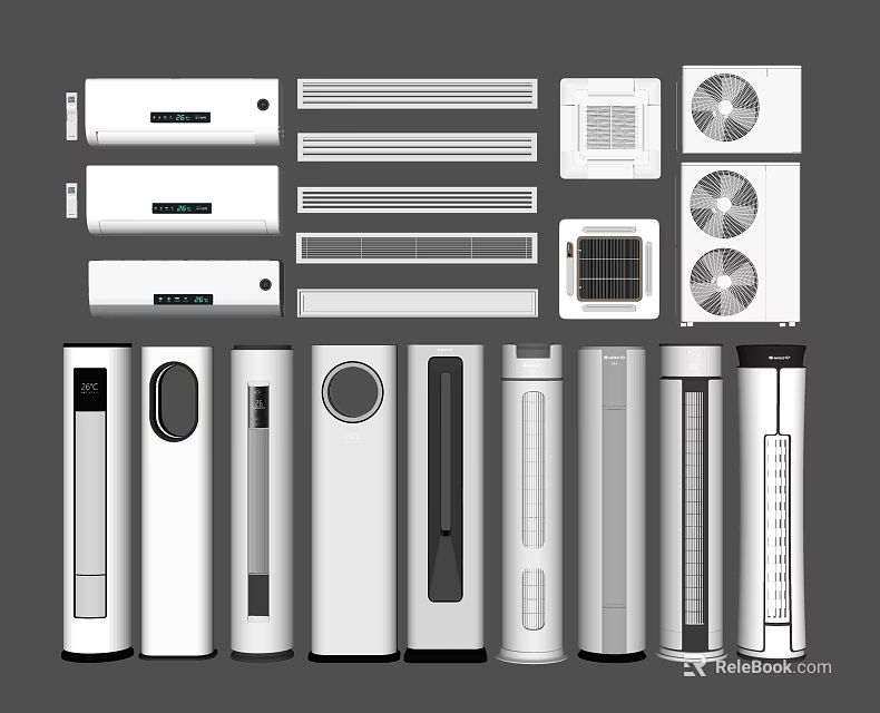 Various Types Of Air Conditioner Fans With Modern Design And Wall Mounted Standing Units 3d model 