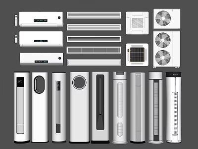 Various Types Of Air Conditioner Fans With Modern Design And Wall Mounted Standing Units 3d model