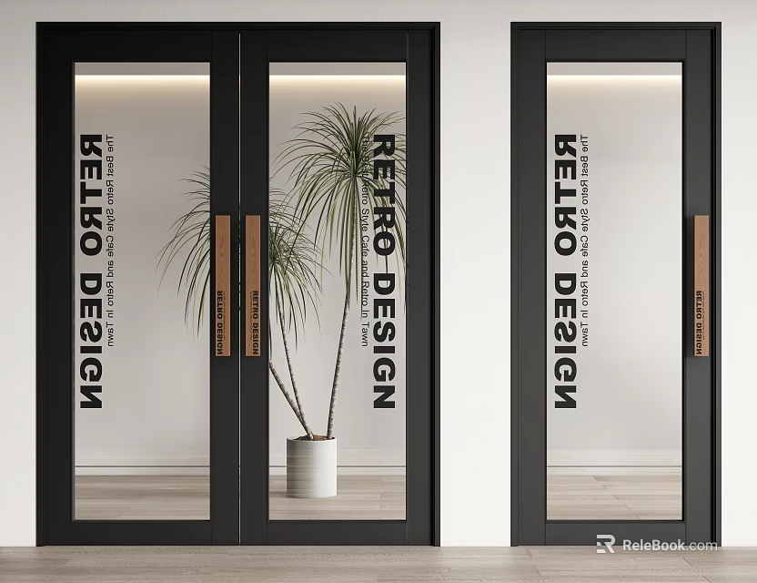Modern Retro Design Double Doors Featuring Glass Panels And Sleek Black Frames 3d model