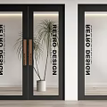 Modern Retro Design Double Doors Featuring Glass Panels And Sleek Black Frames 3d model