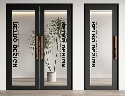 Modern Retro Design Double Doors Featuring Glass Panels And Sleek Black Frames 3d model