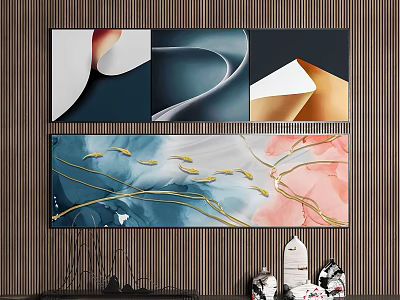 Abstract Wall Art With Blue Pink Hues And Gold Accent Lines Decor 3d model