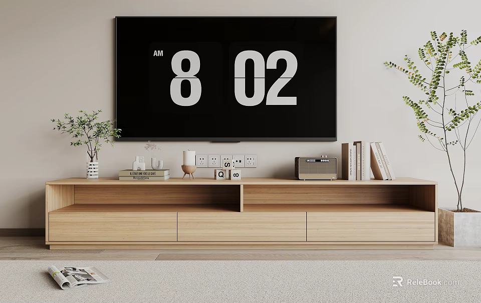 Modern Light Wood TV Stand with Green Plant Vase Radio Books and Decorative Items 3d model 