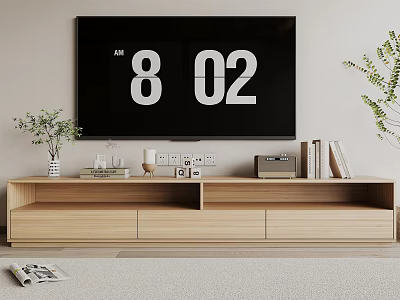 Modern Light Wood TV Stand with Green Plant Vase Radio Books and Decorative Items 3d model