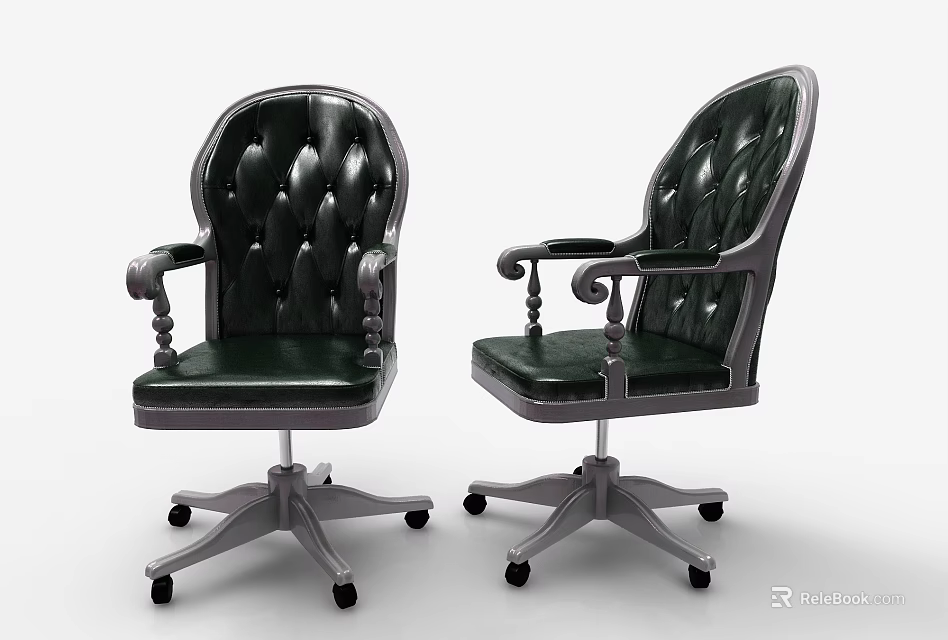 Dark Green Leather Office Chair With Tufted Design Armrests And Metal Base Wheels 3d model 