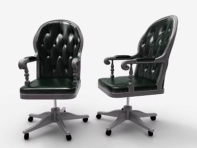Dark Green Leather Office Chair With Tufted Design Armrests And Metal Base Wheels 3d model