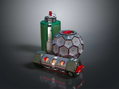 Futuristic Tactical Weapon Equipment Featuring Green Cylindrical Hexagonal Spherical And Wheeled Base With Orange Lights 3d model