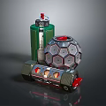 Futuristic Tactical Weapon Equipment Featuring Green Cylindrical Hexagonal Spherical And Wheeled Base With Orange Lights