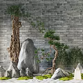 Indoor Landscape With Brick Wall Background Pine Tree Large Rock And Moss Covered Ground 3d model