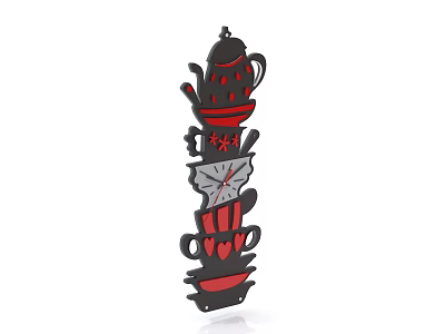 Decorative Wall Clock With Stacked Teapot Teacups And Saucers Design In Black Red 3d model
