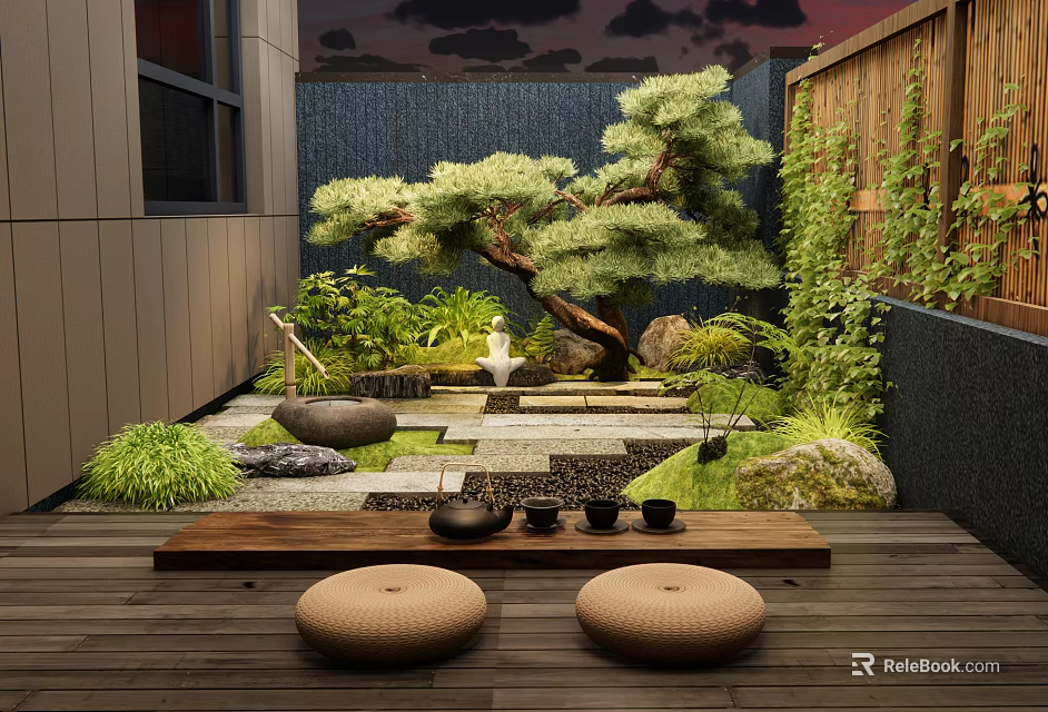 Tranquil Courtyard Garden Featuring Pine Tree Stone Pathway And Tea Set With Cushions On Deck 3d model 