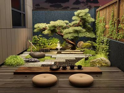 Tranquil Courtyard Garden Featuring Pine Tree Stone Pathway And Tea Set With Cushions On Deck 3d model