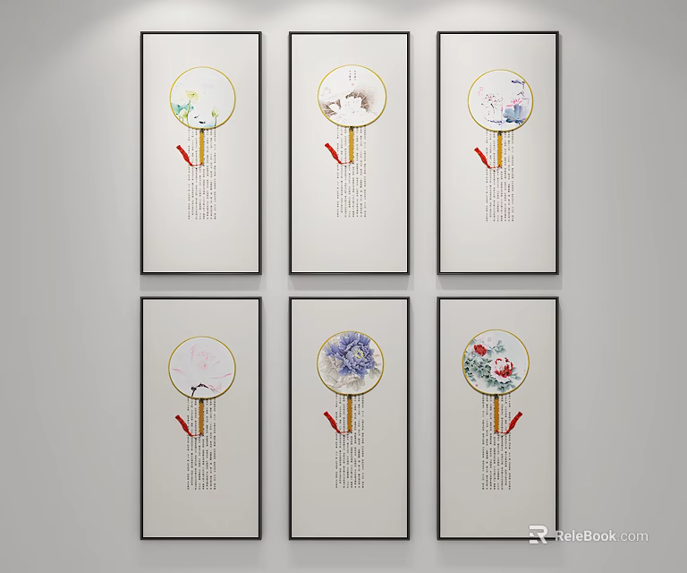 Traditional Chinese Fan Shaped Decorative Paintings With Floral And Bird Motifs For Wall Art 3d model 