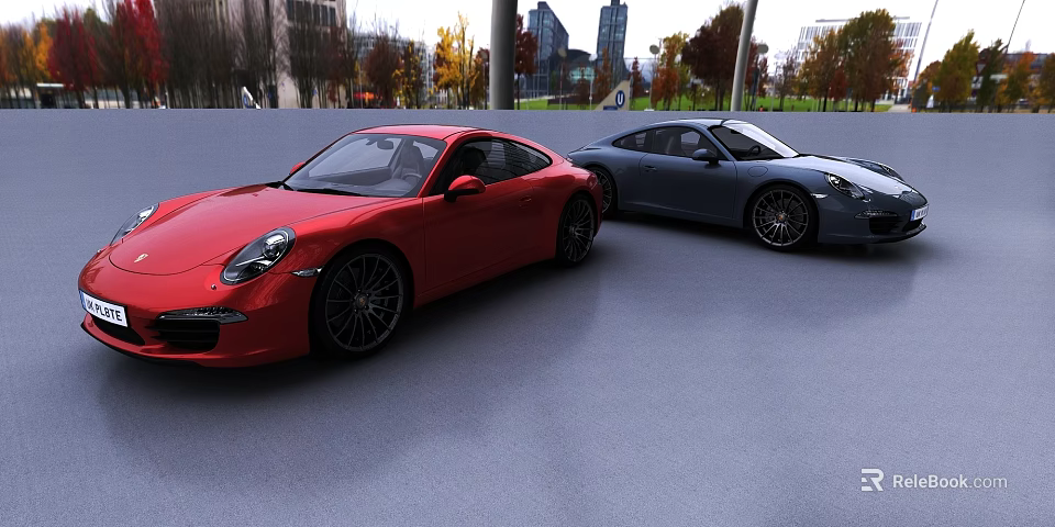 Red And Blue Sports Cars Parked In Urban Area With City Buildings And Trees 3d model 