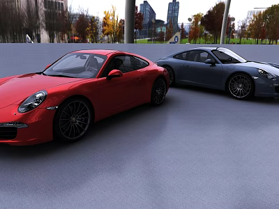 Red And Blue Sports Cars Parked In Urban Area With City Buildings And Trees 3d model