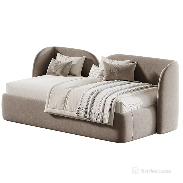 Modern Beige Double Sofa With Curved Backrest Pillows And Striped Throw 3d model 