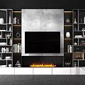 Modern TV Background Cabinet Featuring Large Screen TV Fireplace Flame Open Shelves Decorative Vases Books