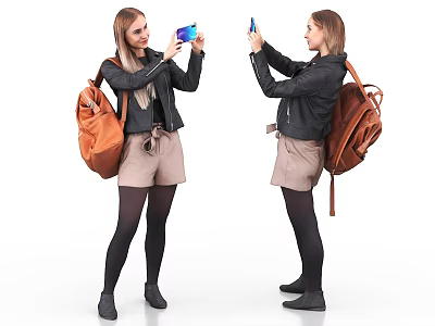 Young Woman Taking Selfie With Smartphone Wearing Black Leather Jacket And Brown Backpack 3d model