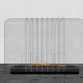 Modern Table Lamp With Transparent Glass Case Vertical Metal Strips Flame Effect And Black Spheres