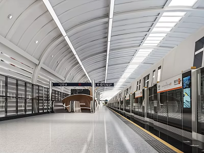 Modern Subway Station Platform Featuring Arched Ceiling Clean Floor Lighting Glass Doors and Train 3d model