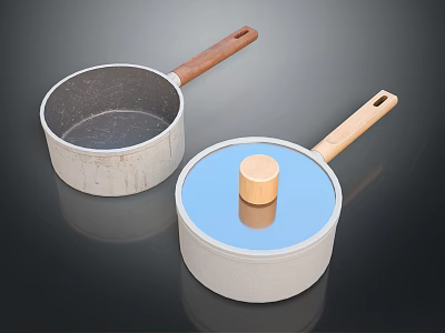 Household Cooking Pots With Light Gray Body Wooden Handles And Transparent Glass Lid 3d model