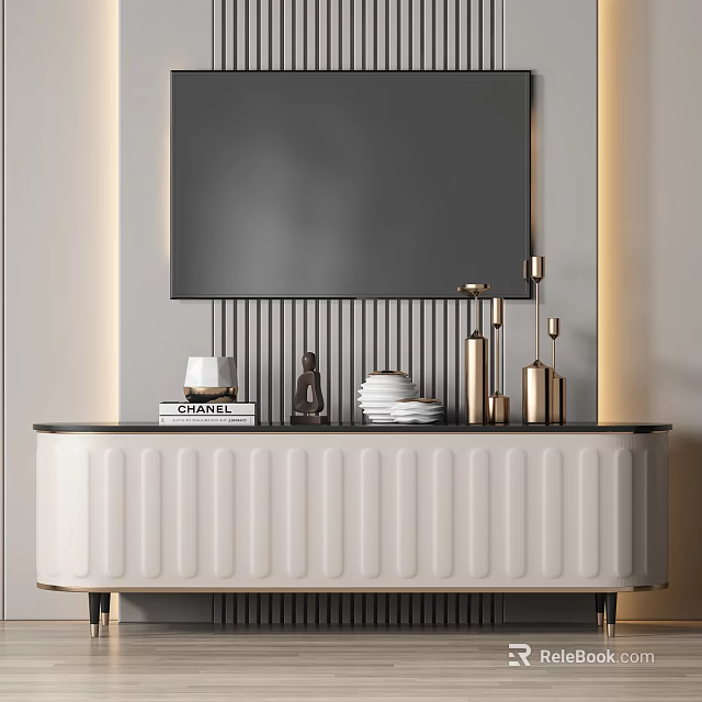 Beige TV Stand with Vertical Stripe Design and Metallic Decor Books Plates and Small Ornament 3d model 