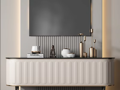 Beige TV Stand with Vertical Stripe Design and Metallic Decor Books Plates and Small Ornament 3d model