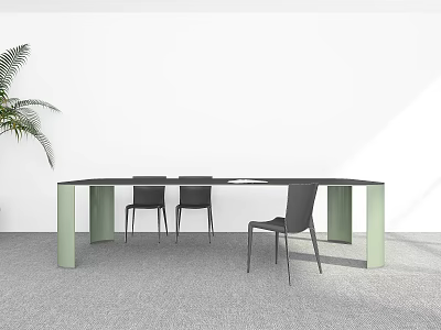 Black Conference Table With Green Legs And Three Chairs On Gray Carpet White Wall 3d model