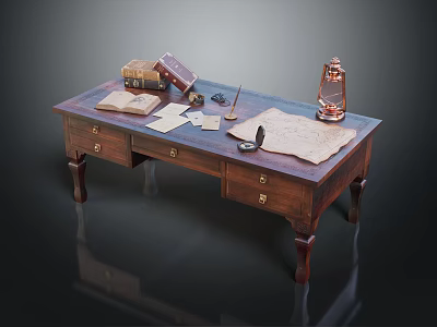 Vintage Wooden Desk with Drawers Old Books Papers Inkwell and Copper Lantern 3d model