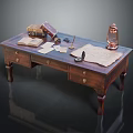 Vintage Wooden Desk with Drawers Old Books Papers Inkwell and Copper Lantern