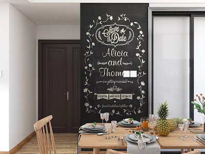 Chalkboard Wall Hanging With Floral Patterns Handwritten Save the Date and Names Above Dining Table 3d model